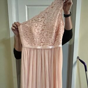 one shoulder bridesmaids dress with lace top and leg slit